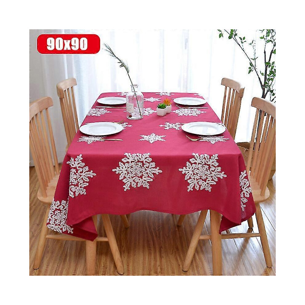 (Red, 90x90) Christmas Decorative Tablecloth Anti Wrinkle Linen Cotton Embroidered Holiday Table Cloth For Xmas Decoration