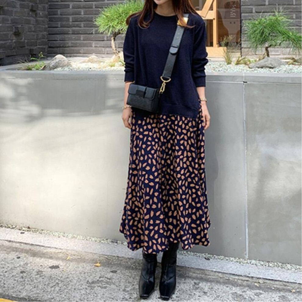 (blue, XXXXL) Women&apos;s Plus Size Spring Fashion Casual Long Sleeve T-shirt Dress Print Robe Two Piece