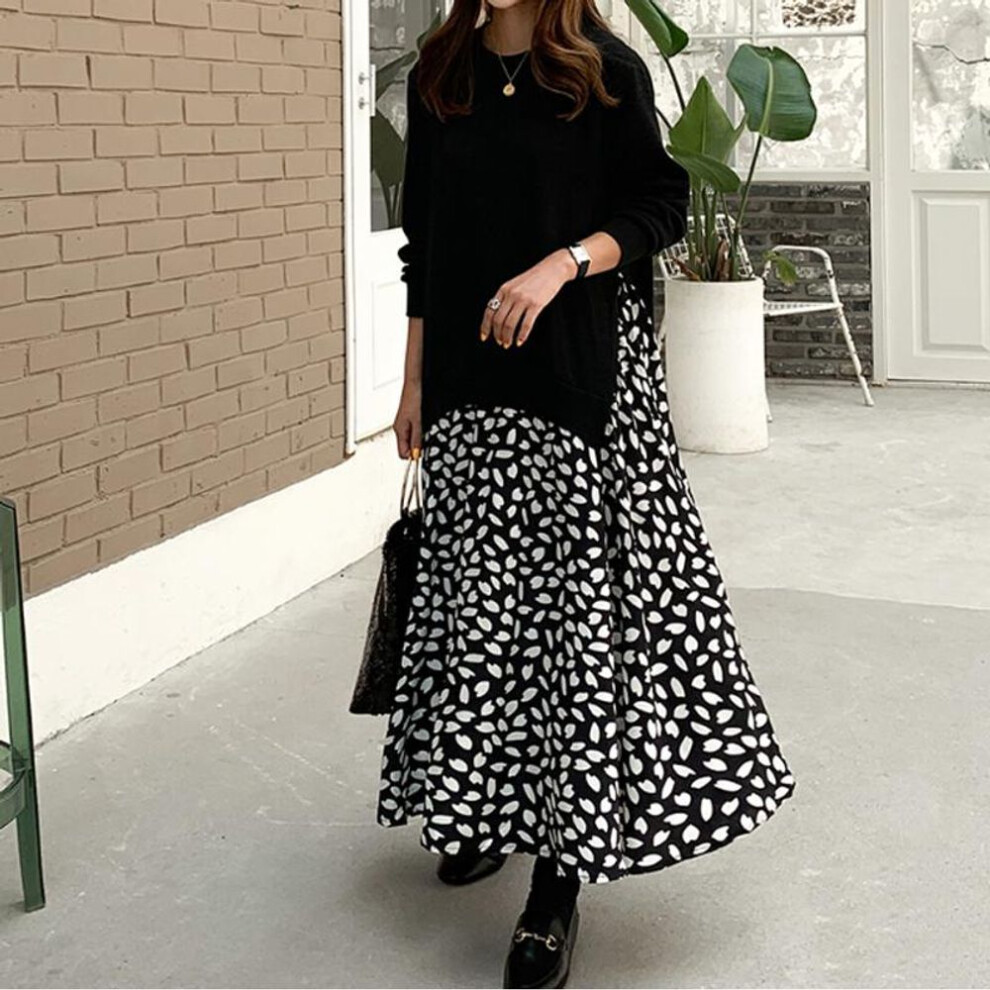 (black, XXL) Women&apos;s Plus Size Spring Fashion Casual Long Sleeve T-shirt Dress Print Robe Two Piece