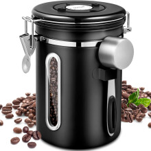 (Negro) 1 bote de caf?, bote herm?tico de acero inoxidable de 1,8 litros con bandeja medidora y cuchara gratis para granos de caf?, frutos secos y az?