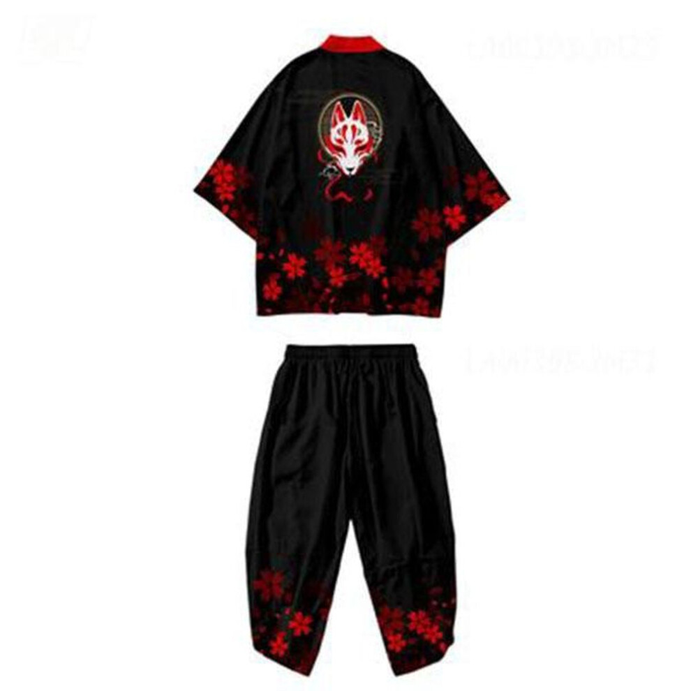 (black, M) Newest Fashion Men&apos;s Japanese Kimono Short Sleeve Shirt Fox Mask Retro Loose Suit Xs-6xl