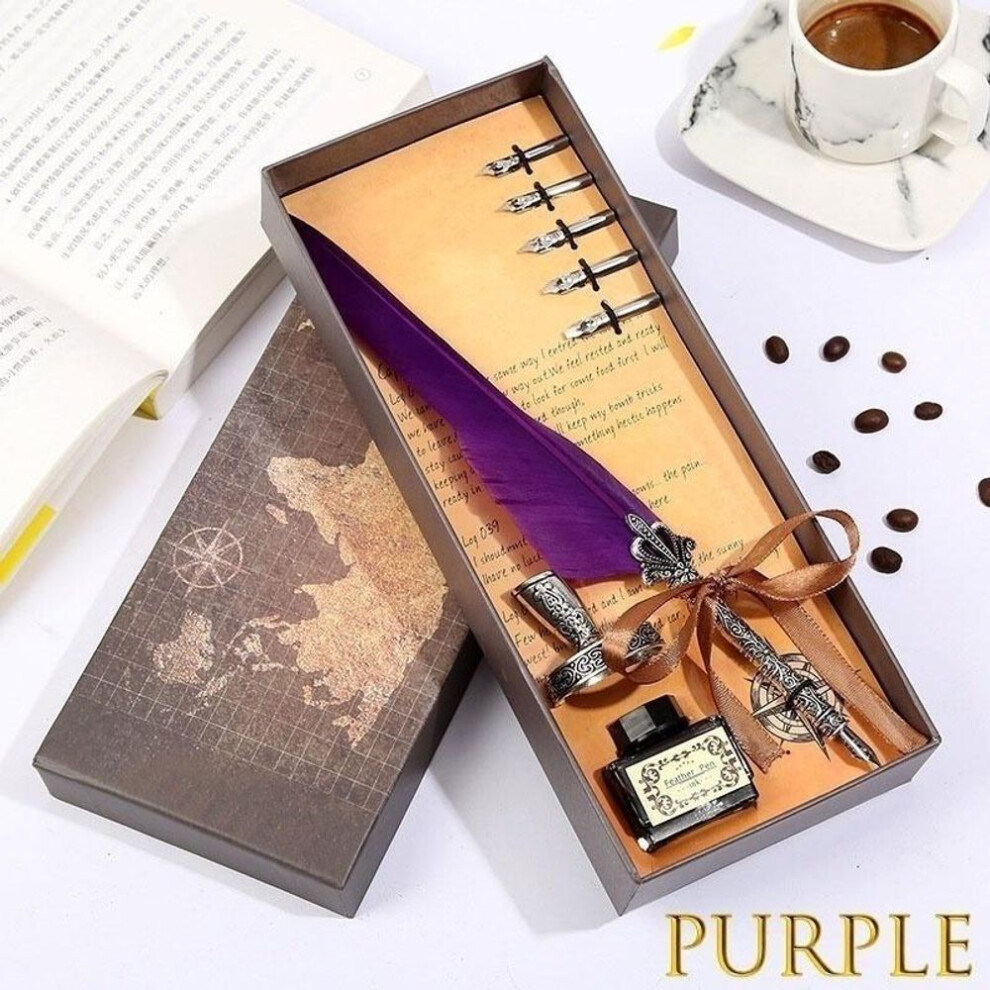 (purple) Calligraphy Antique Feather Dip Quill Writing Pen Feather Dip Quill Pen Writing Ink Set Stationery Gift Box