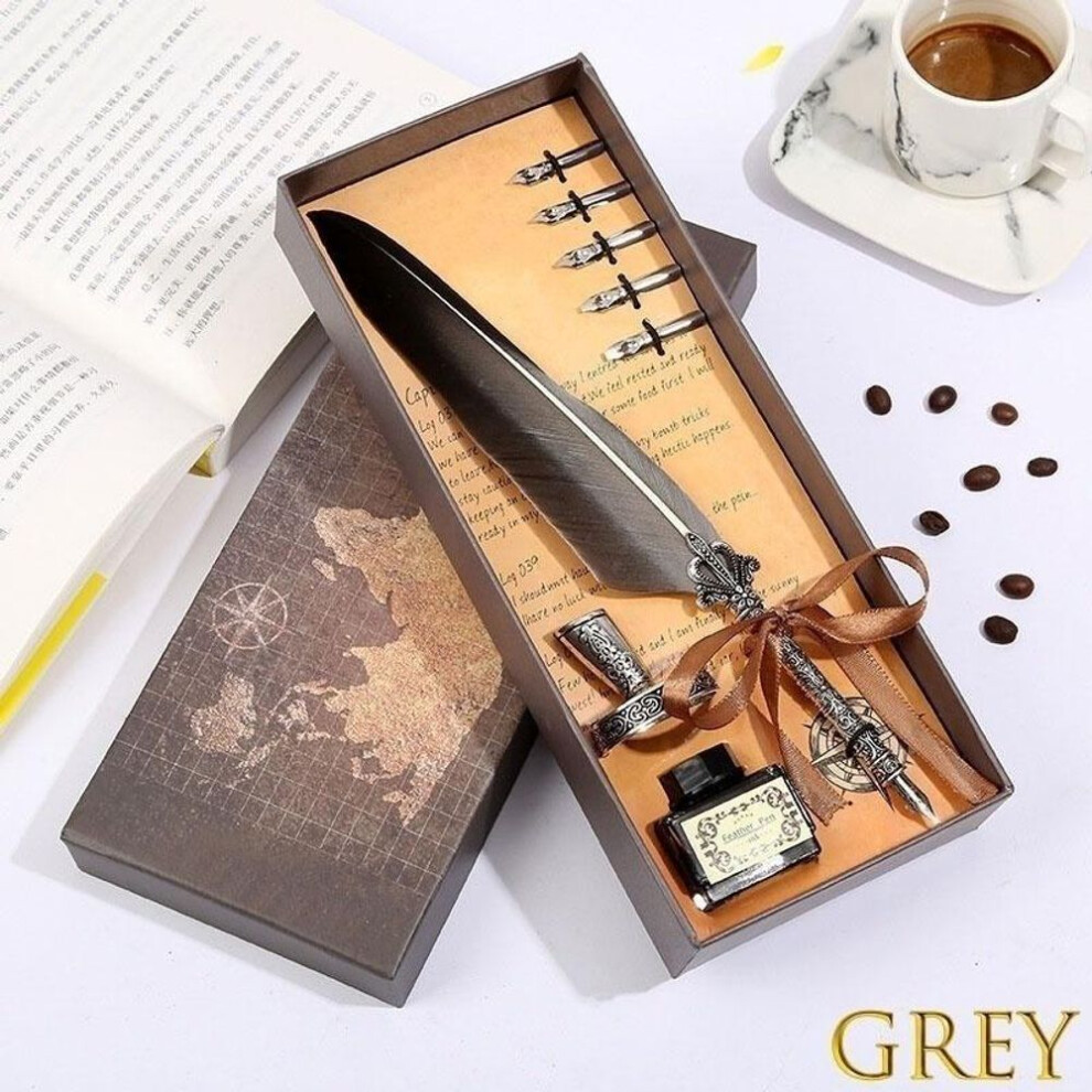 (grey) Calligraphy Antique Feather Dip Quill Writing Pen Feather Dip Quill Pen Writing Ink Set Stationery Gift Box