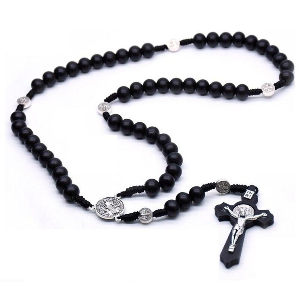 (black) Religious Wooden Antique Black Cross Rosary Pendant Necklaces Jesus Saint Benedict Beaded Necklace For Men Women Jewelry