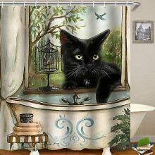 Kanagawa Japanese Wave Shower Curtain 180 X 180 Cm (cat Style) Bath Curtain Polyester Fabric Mildew Proof Waterproof Washable Bathroom Curtain with 12