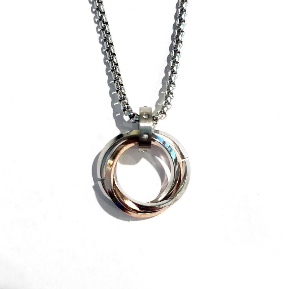 (rose gold) Fashion Round Pendant Outlet Stainless Steel Three Round Necklace Chain Men/women Choker Jewelry