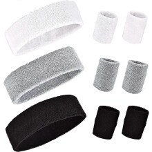 Headband and Wristband Set, 3 Pieces Sport Headband, 6 Pieces Sweatband for Men and Women (Black+White+Gray)
