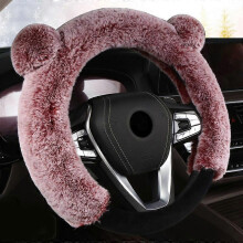 Bear Fur Plush Steering Wheel Cover Fits Wheels 14.5 - 15 inch Rose Red- with Ears - Cute Faux Wool Protector for Women Girls