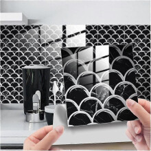 25 Pcs 3D Tile Stickers for Kitchen and Bathroom, Black and White Fish Scales, Waterproof, Oil Proof, Blacksplash Wall Stickers