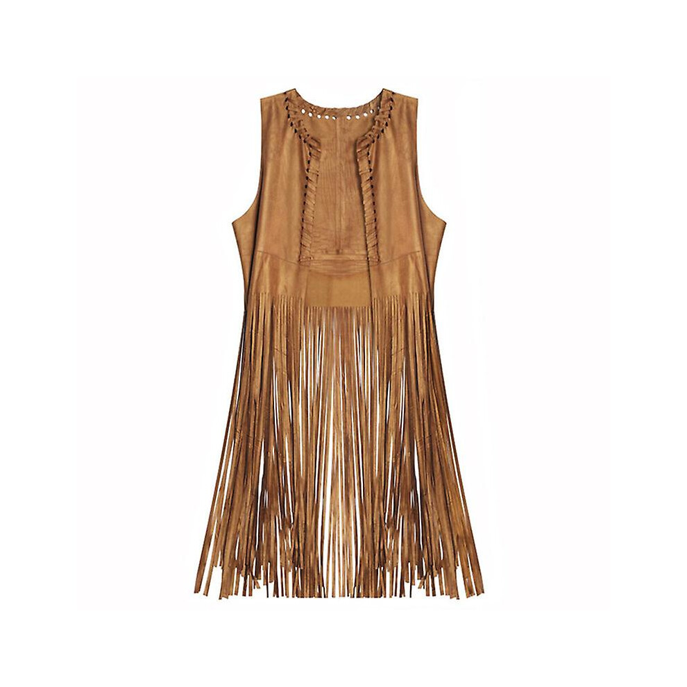(Xs) Hippie Costume Vest Fringe Sleeveless Girls 60S 70S Style Fringed Leather Vest Brown