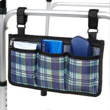 Wheelchair bag with pockets (blue plaid) - electric wheelchair universal waterproof armrest side pocket, mobile scooter, walker, accessories