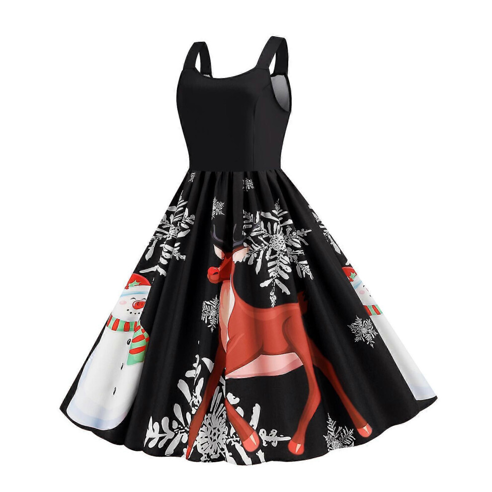 (M, Black) Vintage Christmas Printed Large Swing Dress All-match Breathable Dress Clothing For Christmas Party