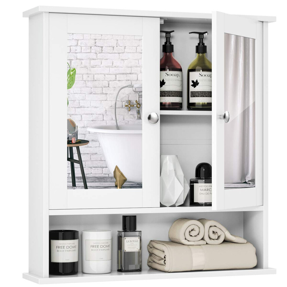 Armoire de salle de bain Tangkula Armoire de rangement murale avec doubles portes en miroir Armoire à pharmacie en bois (blanc)