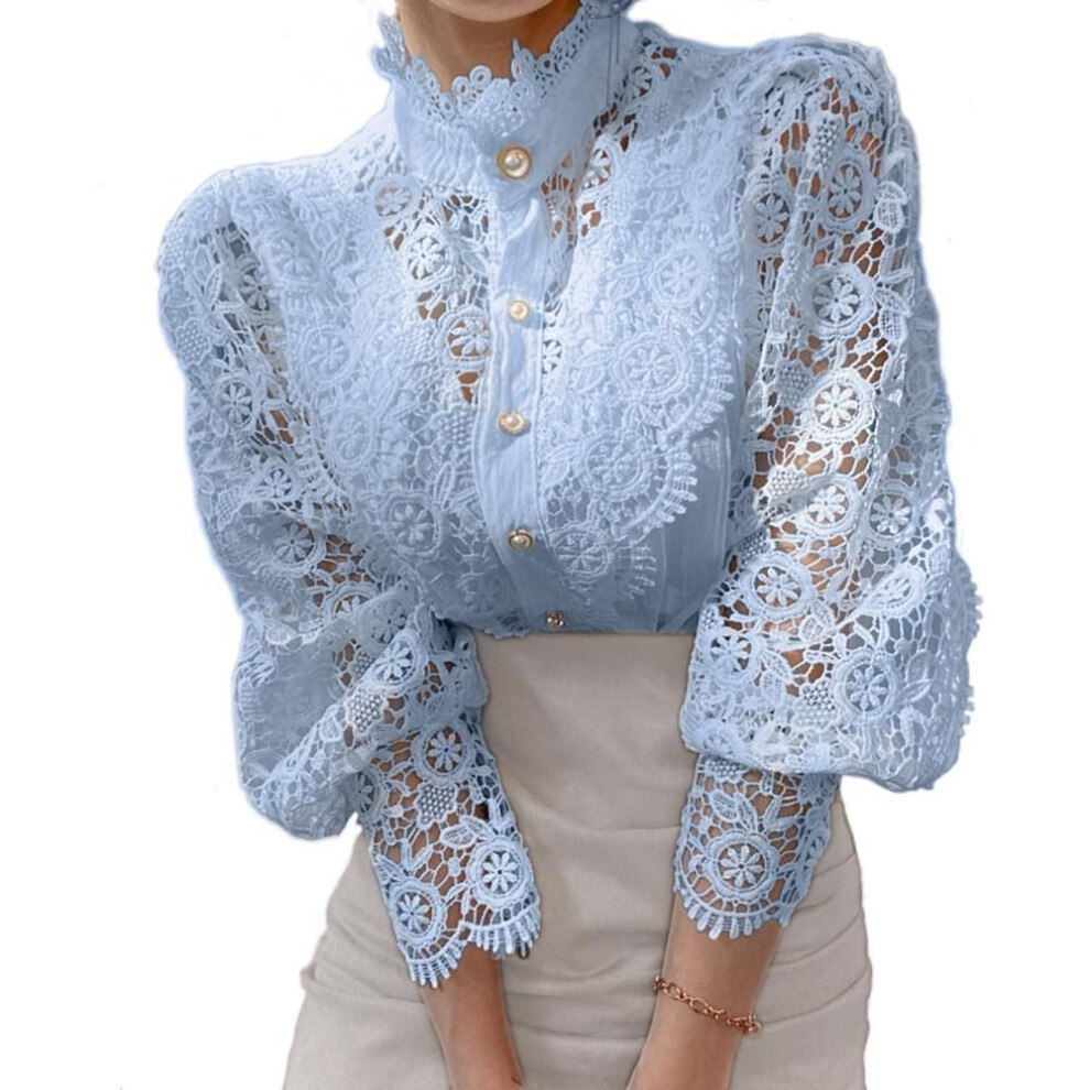 (sky blue, M) Women Stand Collar Lace Patchwork Shirts Casual Hollow Out Flower Petal Sleeve Button Tops White Shirts For Women