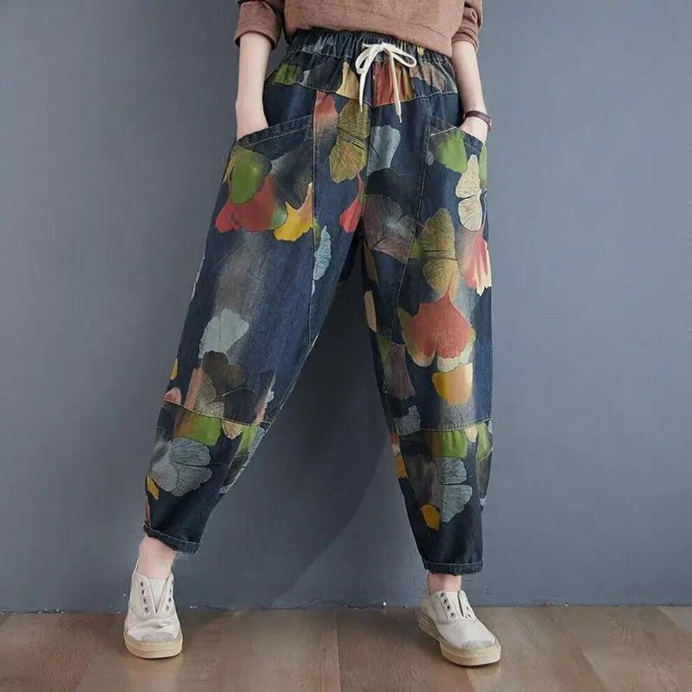 (blue, 2XL) Oversized Harem Baggy Pants Women Jeans Vintage Print Casual Trousers Ankle Length Denim Harajuku Pants