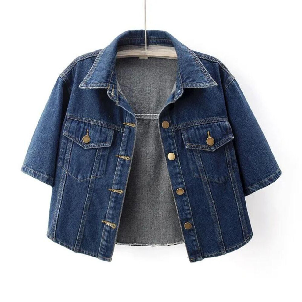 (navy blue, 2XL) Denim Jacket For Women Summer Loose Single Breasted Turn Down Collar Short Sleeve Jacket Korean Fashion Crop Coat