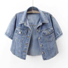 (blue, XL) Denim Jacket for Women Summer Loose Single Breasted Turn Down Collar Short Sleeve Jacket Korean Fashion Crop Coat