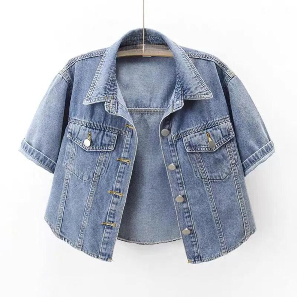 (blue, M) Denim Jacket for Women Summer Loose Single Breasted Turn Down Collar Short Sleeve Jacket Korean Fashion Crop Coat