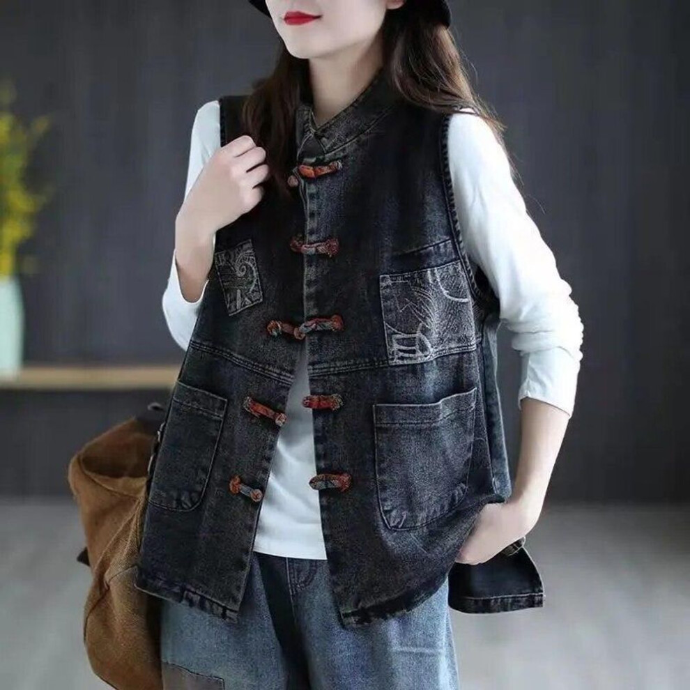 (black, 5XL) Women&apos;s Denim Vest Cotton Spring And Summer Short Plus Size Vest Chinese Style Retro Korean Fashionable Sleeveless Jacket Women