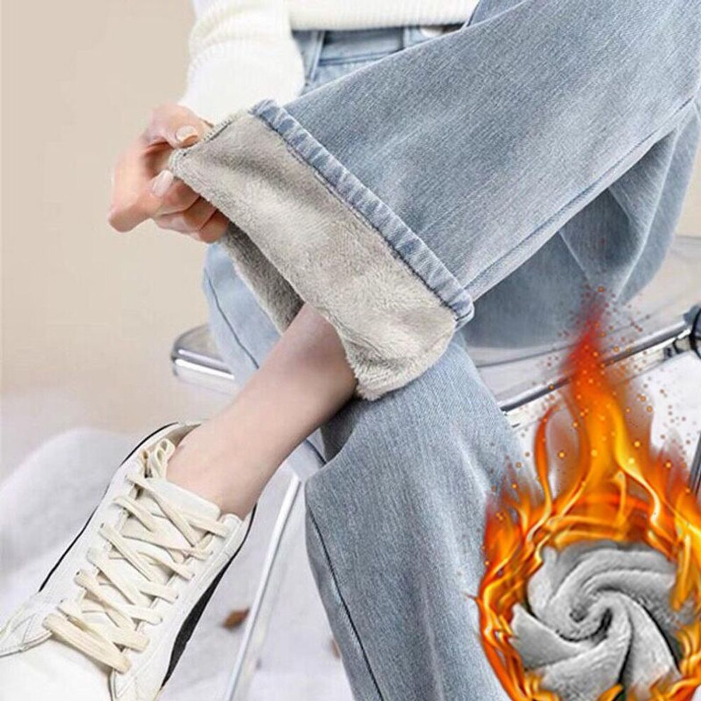 (blue, S) Thick High Waisted Drooping Casual Wide Leg Jeans For Women With Plush Insulation Loose Fitting Straight Leg Mop For Outerwear Winter Pants