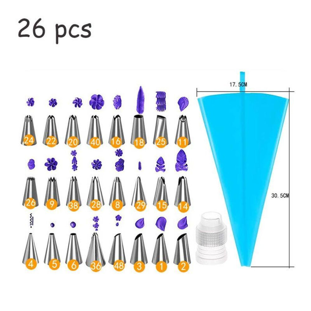 (26pcs) Silicone Pastry Bag Stainless Steel Nozzle Diy Cake Cream Decorating Tip Set Mouth Icing Piping Cream Baking Decor Tools