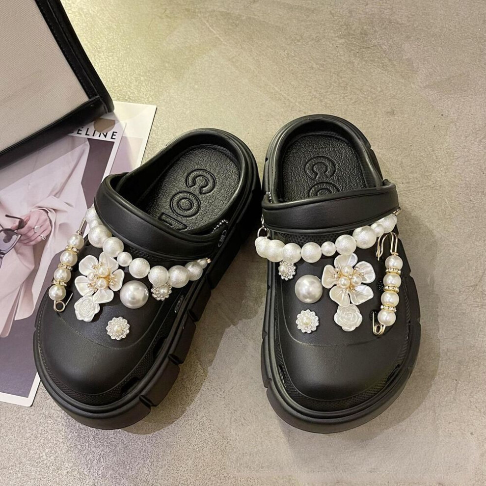 (black, 40-41) Fashion Charms Clog Shoes Outdoor Women Slippers Thick Sole High Quality Summer Sandals For Girls