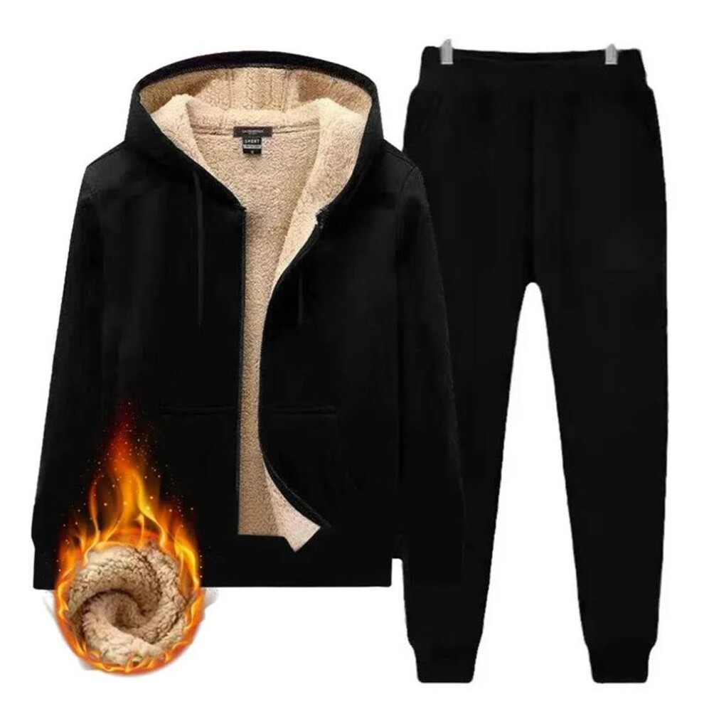 (black, XXXXL) Men 2 Pieces/Set Winter Sportsuit Thermal Hoodies Fleece Tracksuit Windproof Gym Men Sportswear Men Warm Sport Suit