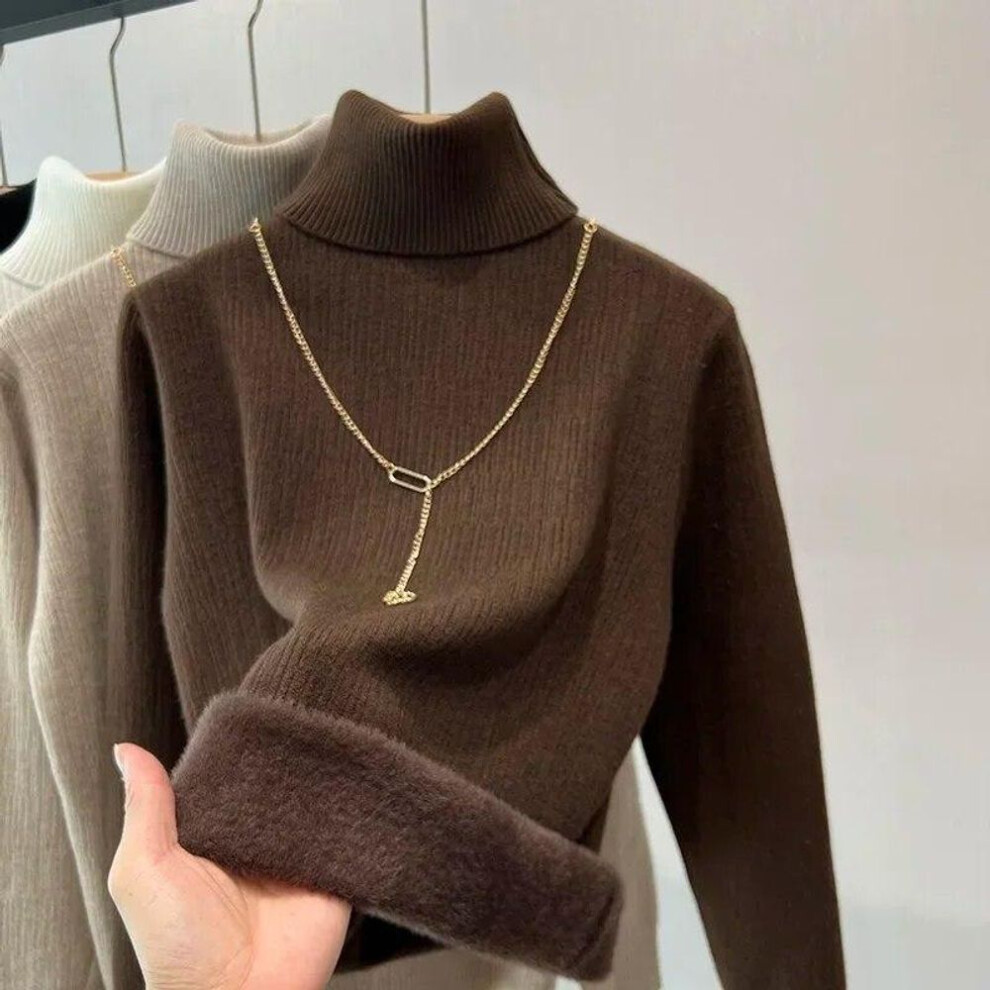 (One Size, dark brown) Fashion Knitted Sweater Women Long Sleeve Soft Loose Jumper Tops Casual Velvet Warm Turtleneck Sweaters Elegant Office-lady Pullovers 29262
