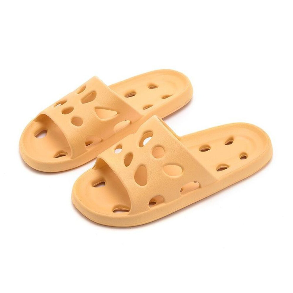 (yellow, 38-39) Bathroom House Cheese Shower Slippers Lightweight Water Leaky Beach Flip Flop Swimming Water Leaking Quick Drying Sandals Ladies