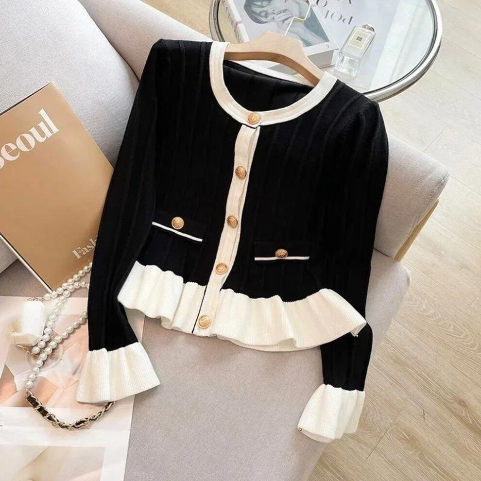 (L, black) Women Elegant Sweet Flare Sleeve Cardigans Autumn O-neck Knitted Cardigan Long Sleeve Ruffles Sweaters Coats