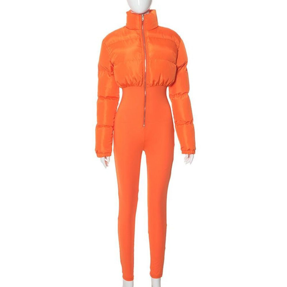 (M, orange) Autumn Winter Women Patchwork Bodycon Long Sleeve Jumpsuits Thick Warm High Waist Zipper One-piece Rompers