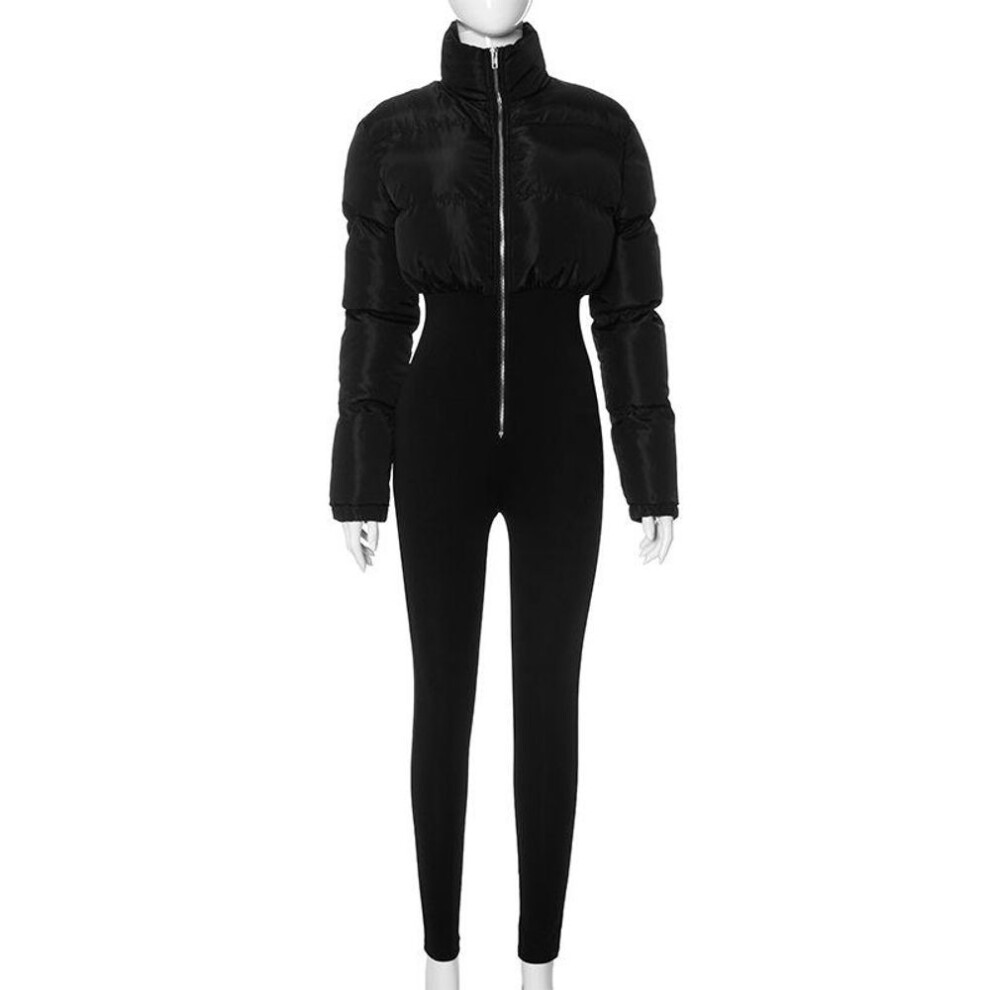 (L, black) Autumn Winter Women Patchwork Bodycon Long Sleeve Jumpsuits Thick Warm High Waist Zipper One-piece Rompers