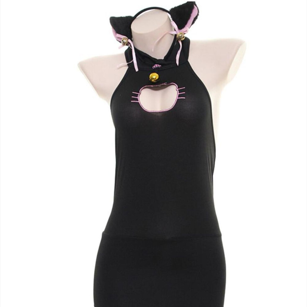 (black, One Size) Sexy Chest Hollow Backless Cat Girl Anime Cosplay Costume Sex Underwear With Removable Tail Temptation Role Play Lingerie