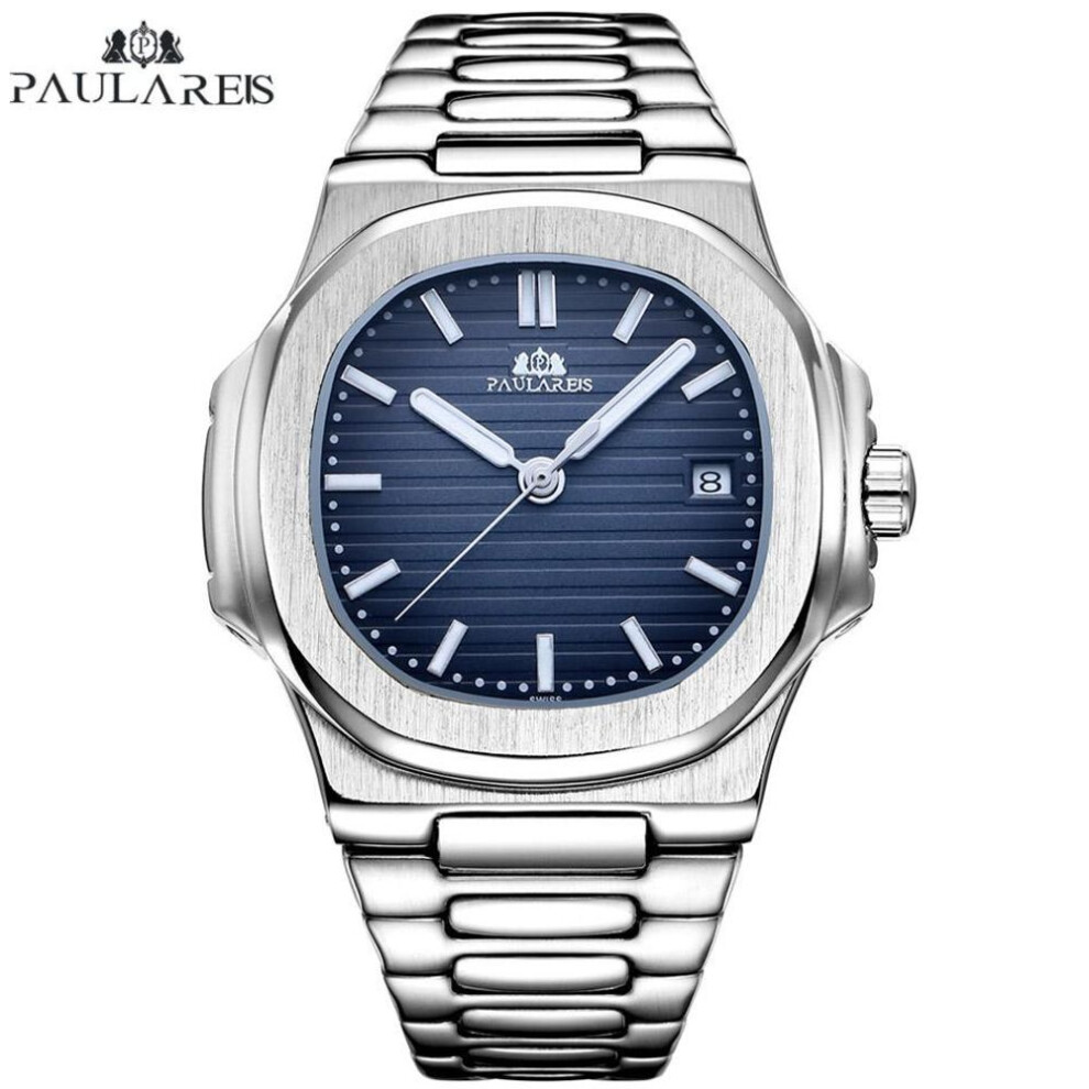 (navy blue) Paulareis Men Automatic Self Wind Mechanical Luminous Stainless Steel Blue Grey Coffe Black White Dial Simple Business Watch