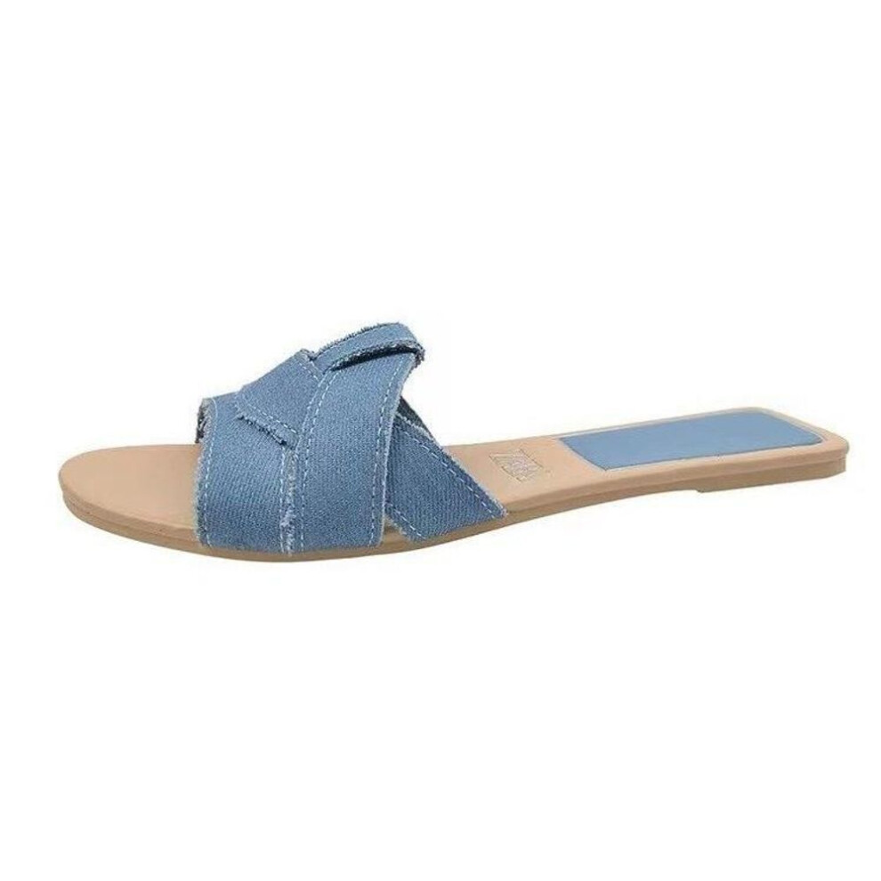 (blue, 39) Large Flat Bottomed Trendy Indoor and Outdoor Straight Line Slippers for Women&apos;s New Cross Solid Color Fashionable Sandals
