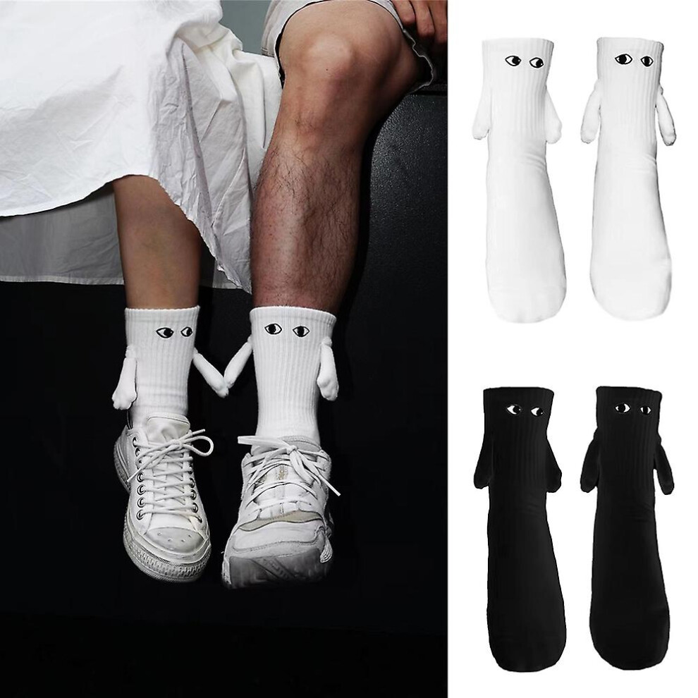 (White and Black - 2Pairs) Couple Funny Holding Hands Socks, Magnetic Suction 3d Doll Couple Funny Socks Gift