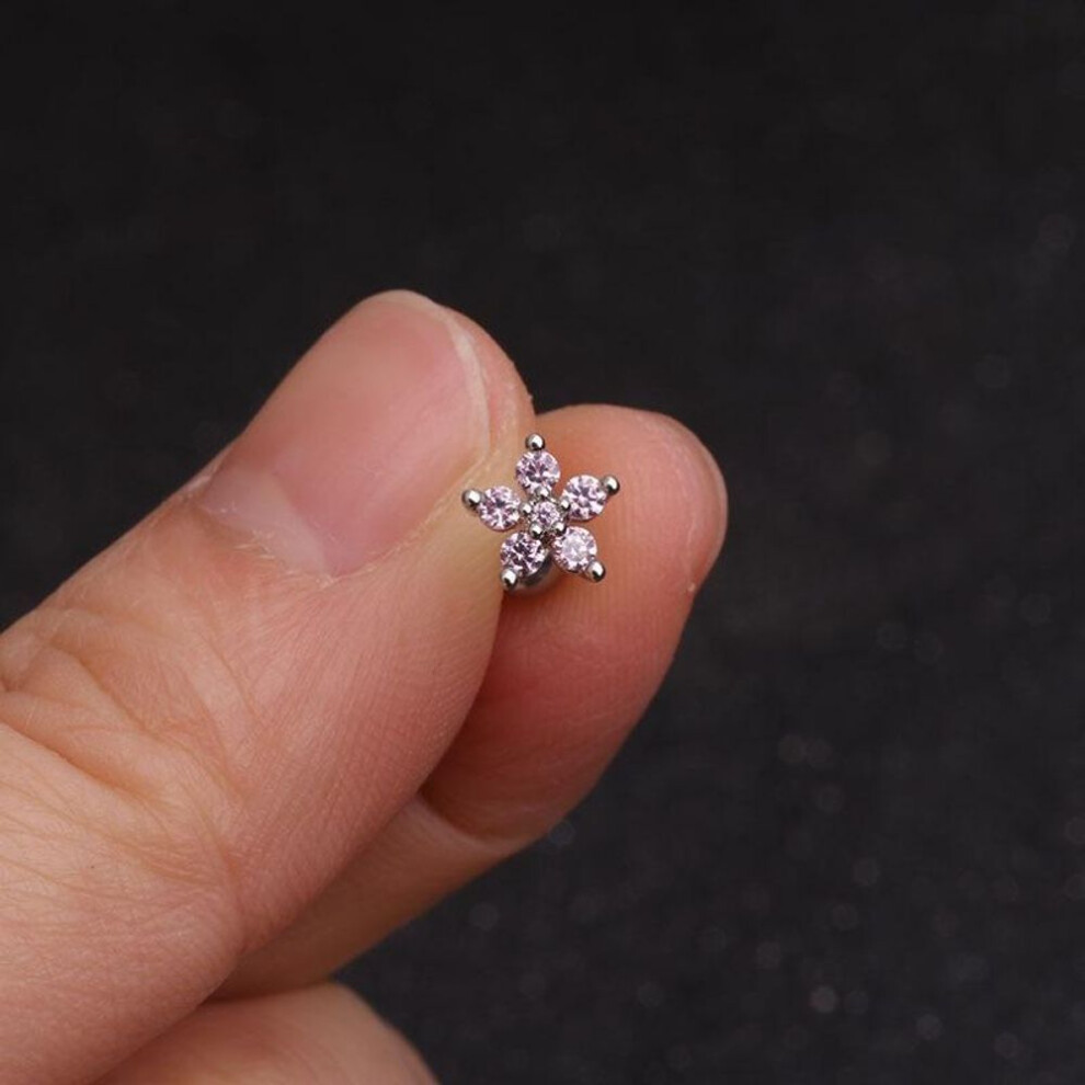 (pink) 1 Piece Stainless Steel Crystal Stud Earrings for Women Helix Flowers Ear Bone Stud