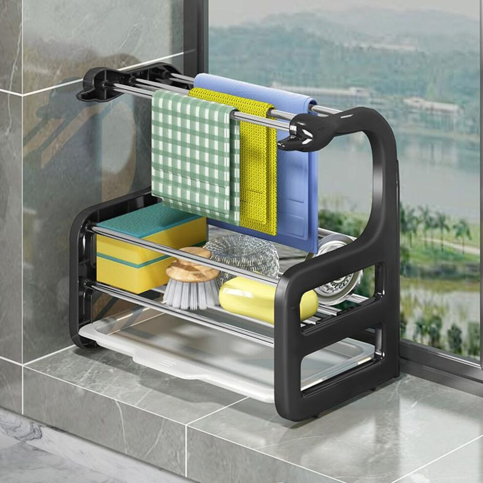 (black) Kitchen Drain Rag Rack Wall-mounted Punch-free Countertop Rack To Dry Sponge Dish Cloth Rack Storage Storage