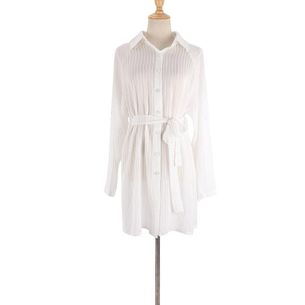 (white, One Size) Beach Shirts Cover Ups for Swimwear Women Long Sleeve Striped Belted Summer Holiday Bathing Suits
