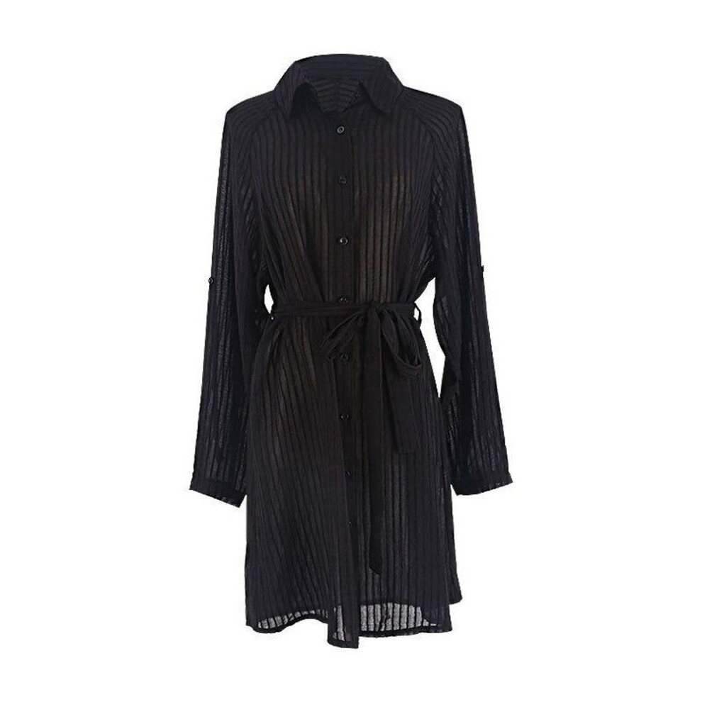 (black, One Size) Beach Shirts Cover Ups For Swimwear Women Long Sleeve Striped Belted Summer Holiday Bathing Suits