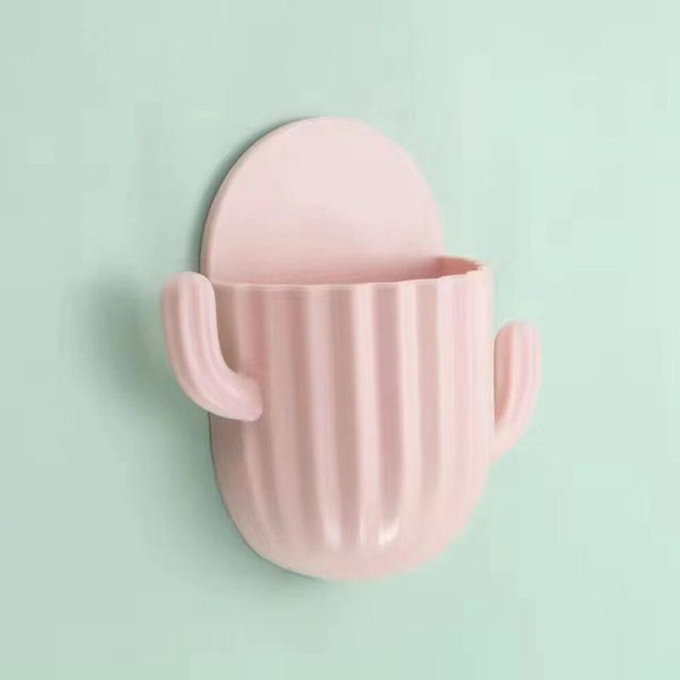 (pink) Toothbrush Holder Household Wall Self-adhesive Seamless Cactus Storage Rack Shaver Organizer Drain Shelf Bathroom Accessories