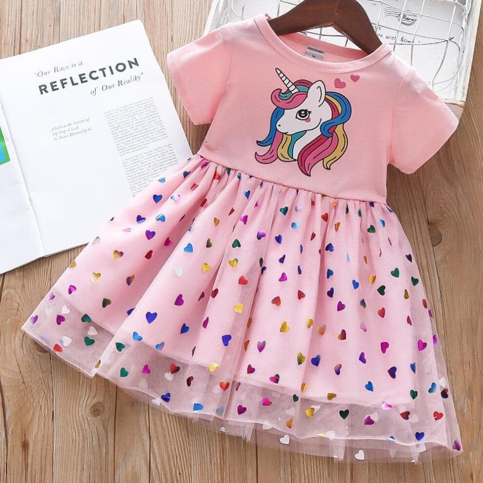 (pink, 110) Girls Dress Cotton Cartoon Unicorn Splicing Mesh Party Princess Dresses Girls Birthday Clothes