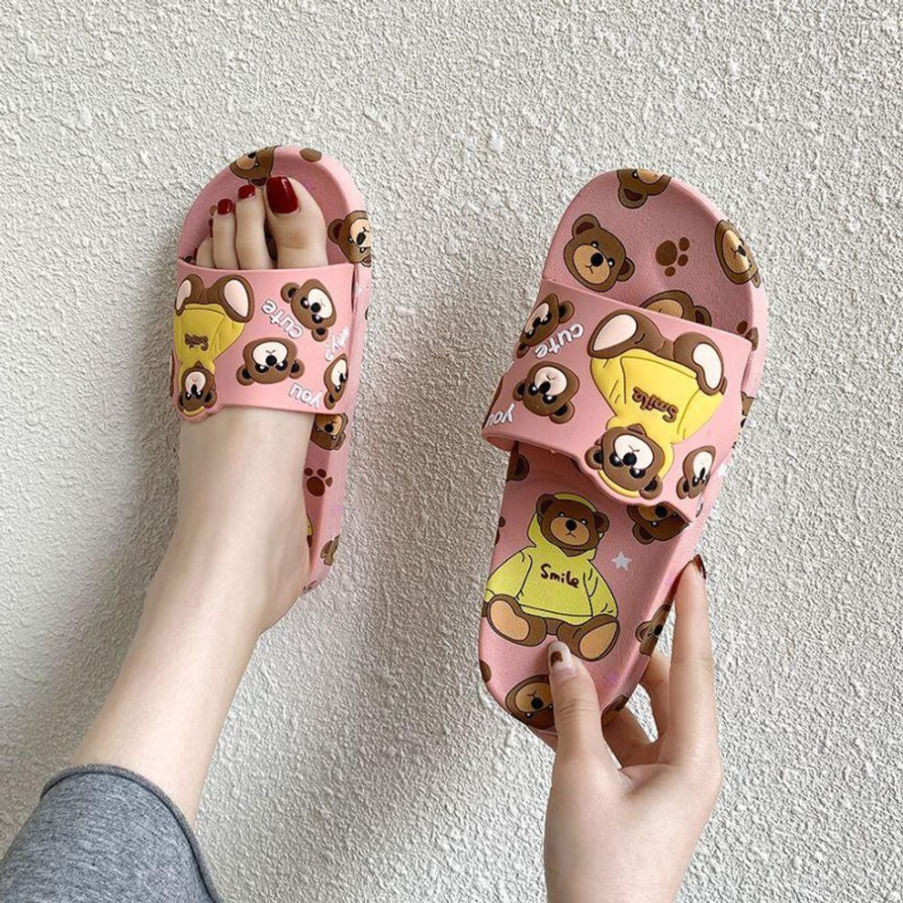 (pink, 36-37) Cartoon Bear Cfemale Summer Indoor Or Outdoor Bathing Non-slip Home Wear Slipper Ladies
