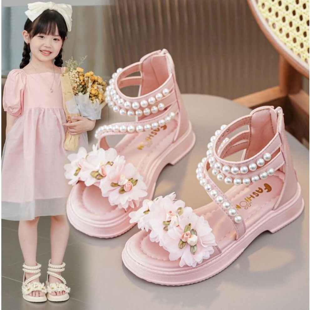 (pink, 32) Girls&apos; Sandals 2024 Summer New Little Girl Fashion Princess Shoes Baby Flower Fairy Style Soft Sole Pearl Shoes