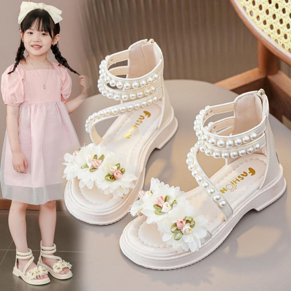 (beige, 36) Girls&apos; Sandals 2024 Summer New Little Girl Fashion Princess Shoes Baby Flower Fairy Style Soft Sole Pearl Shoes