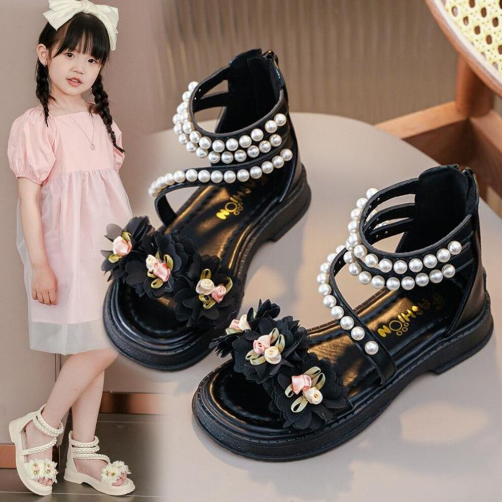 (black, 26) Girls&apos; Sandals 2024 Summer New Little Girl Fashion Princess Shoes Baby Flower Fairy Style Soft Sole Pearl Shoes