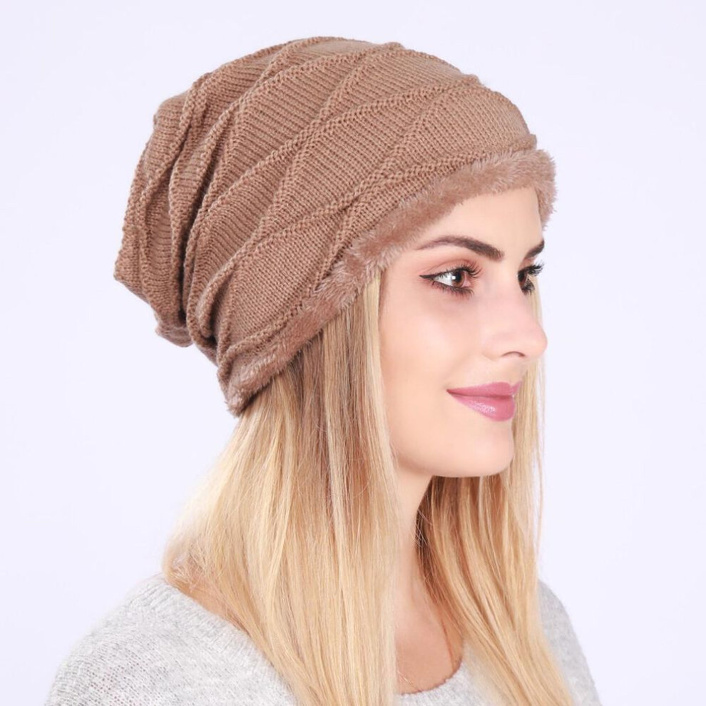 (khaki, OneSize) Autumn Winter Pleated Plush Women&apos;s Pullover Knitted Wool Wavy Moon Ear Protection Hat