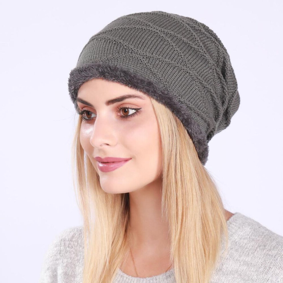(dark grey, OneSize) Autumn Winter Pleated Plush Women&apos;s Pullover Knitted Wool Wavy Moon Ear Protection Hat