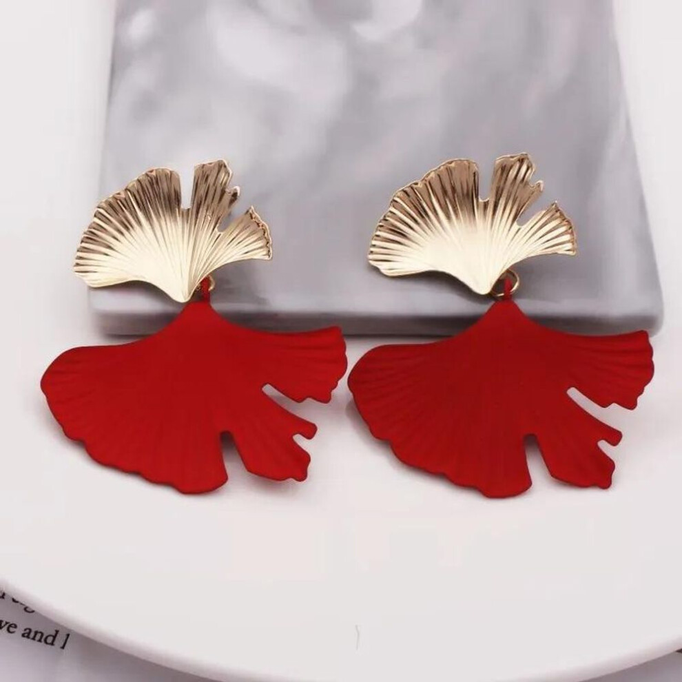 (red) Bohemian Geometric Gold Color Ginkgo Biloba Leaf Shape Drop Earrings for Women Statement Ear Jewelry Accessories Punk