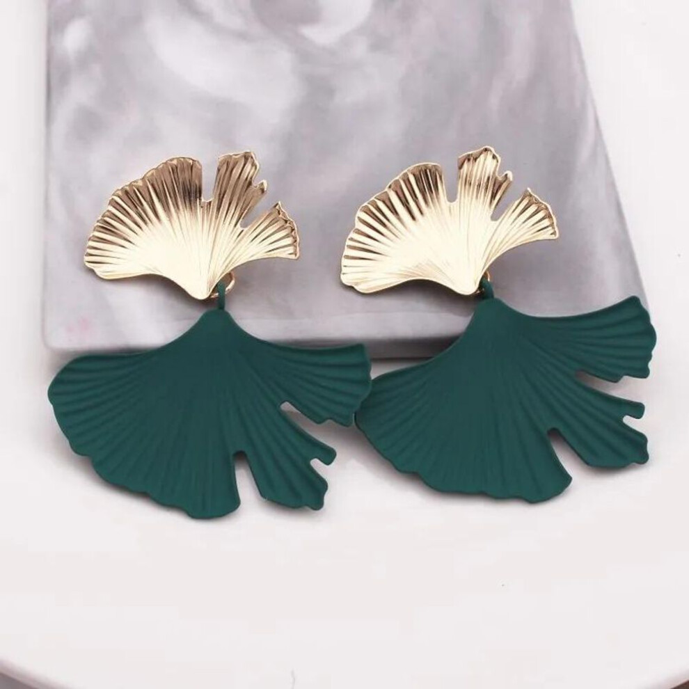 (green) Bohemian Geometric Gold Color Ginkgo Biloba Leaf Shape Drop Earrings for Women Statement Ear Jewelry Accessories Punk